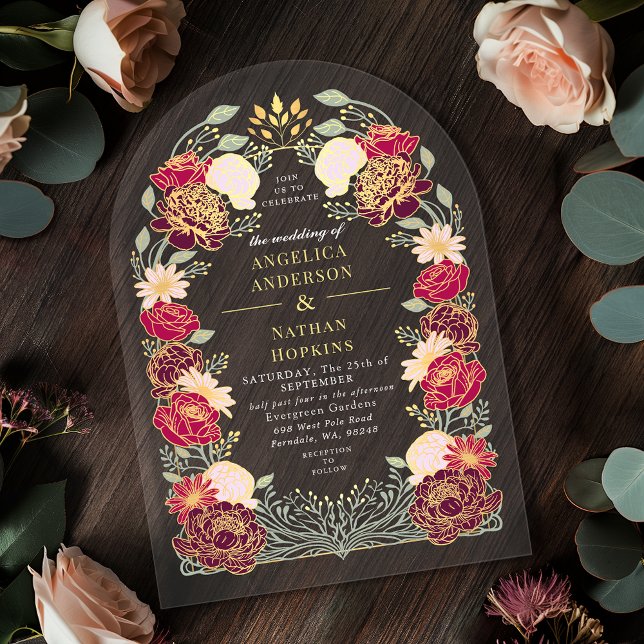 Red Pink Enchanted Floral Garden Wedding Arch Acrylic Invitations (Creator Uploaded)
