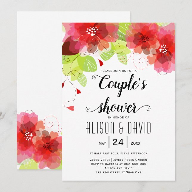 Red, pink ethereal flowers wedding couples shower invitation (Front/Back)