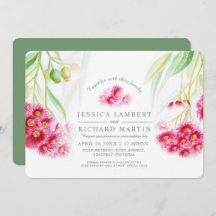 Red pink eucalyptus gumnut watercolor invitation