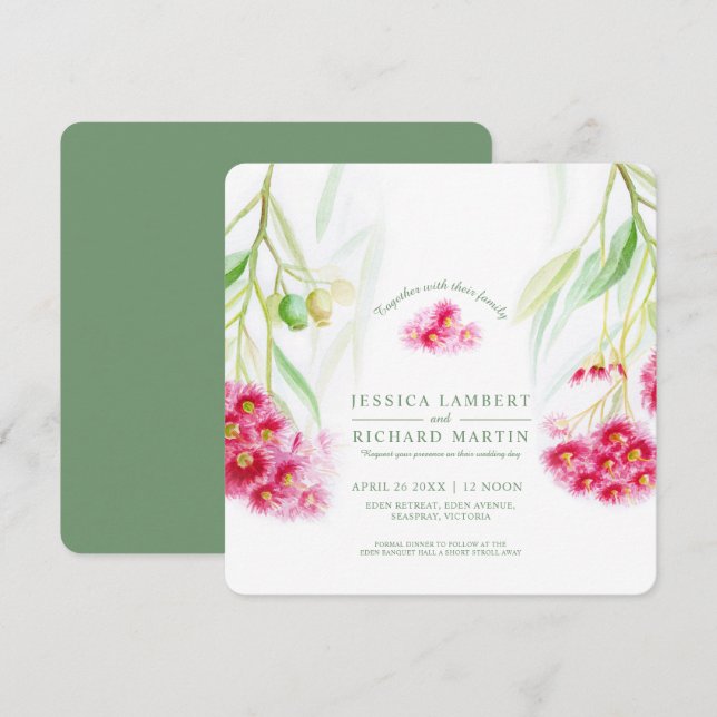 Red pink eucalyptus gumnut watercolor wedding invitation (Front/Back)