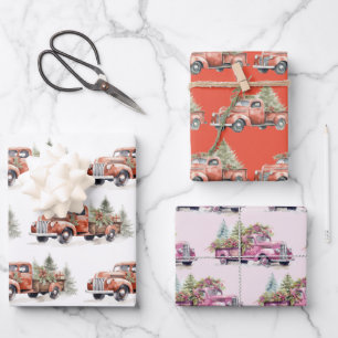 Red & Pink Farm Truck Christmas Holiday Wrapping Paper Sheet