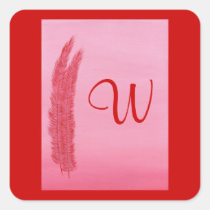 Red Pink Feathers, Wedding Monogram Stickers