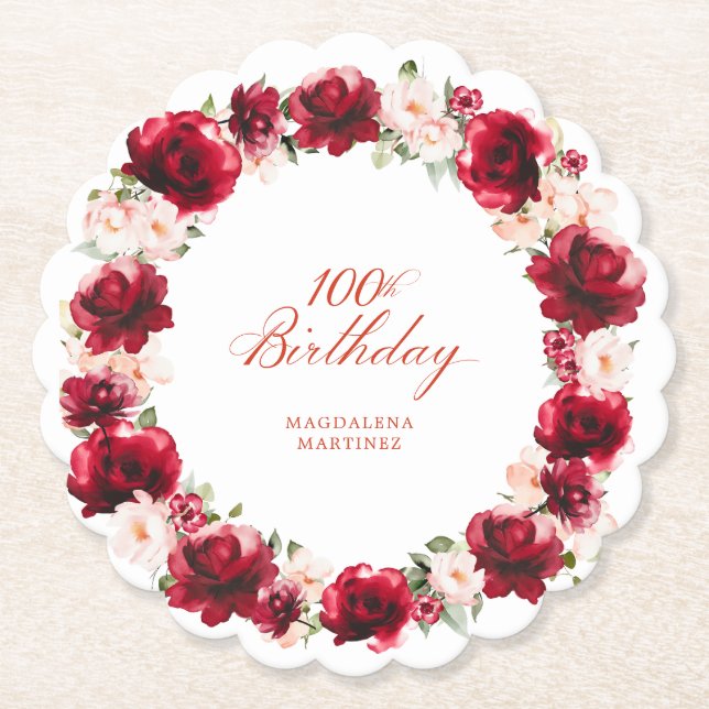 Red Pink Floral 100th Birthday Party Personalised Paper Coaster (Front)