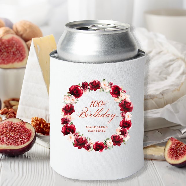 Red Pink Floral 100th Birthday Personalised Can Cooler (Creator Uploaded)