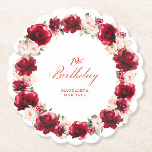 Red Pink Floral 19th Birthday Party Personalised Paper Coaster