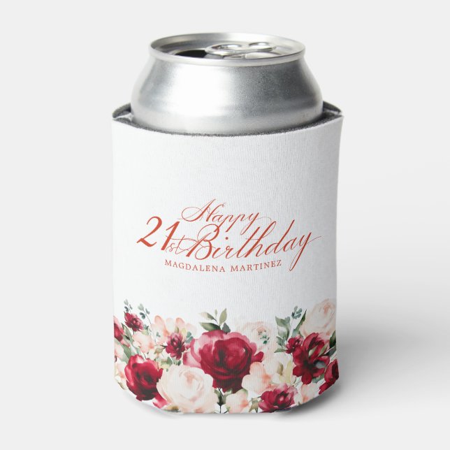 Red Pink Floral 21st Birthday Personalised Can Cooler (Can Front)