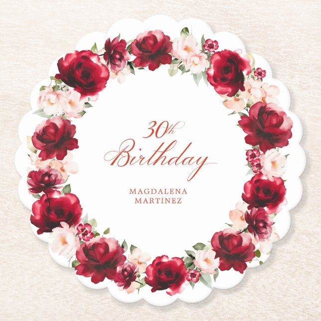 Red Pink Floral 30th Birthday Party Personalised Paper Coaster (Front)