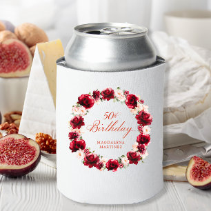 Red Pink Floral 50th Birthday Personalised Can Cooler