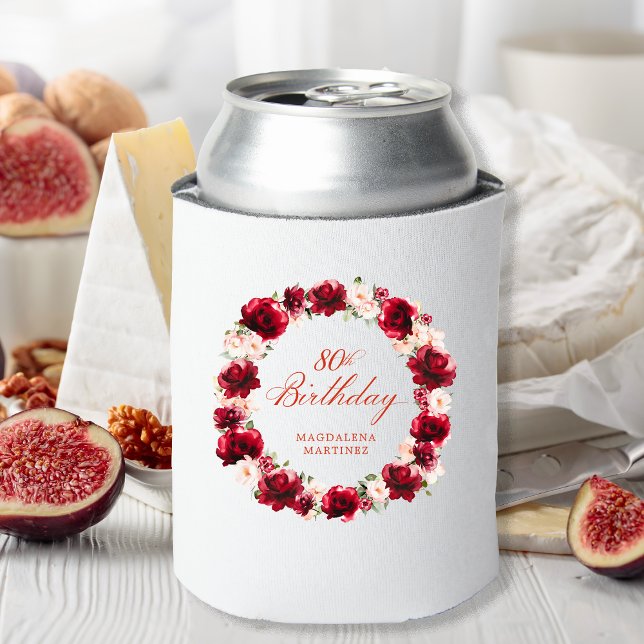 Red Pink Floral 80th Birthday Personalised Can Cooler (Creator Uploaded)