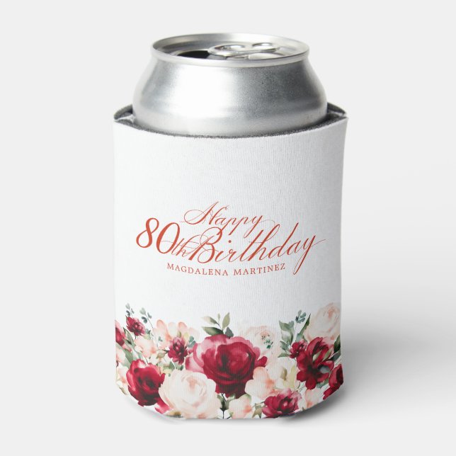 Red Pink Floral 80th Birthday Personalised Can Cooler (Can Front)