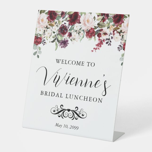 Red Pink Floral Bridal Luncheon Welcome Pedestal Sign (Front)