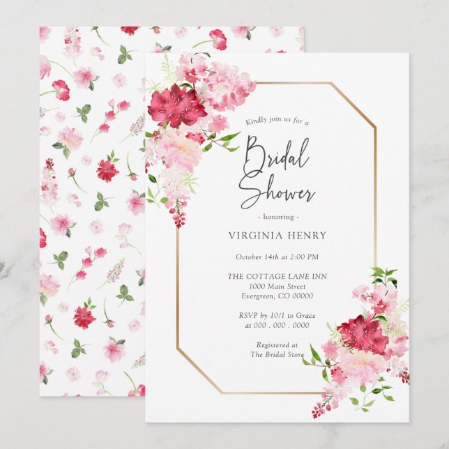 Red Pink Floral Bridal Shower Invitation (Front/Back)