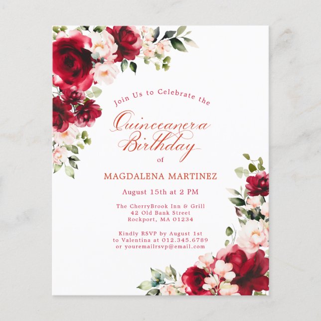 Red Pink Floral Budget Birthday Invitation (Front)