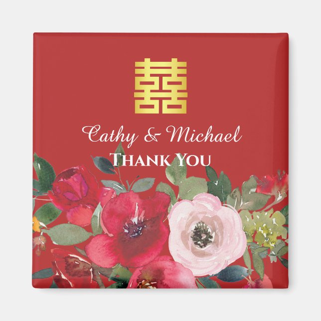 Red pink floral Chinese wedding double happiness  Magnet (Front)