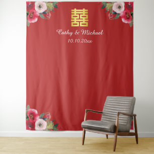 Red pink floral chinese wedding photo backdrop tapestry