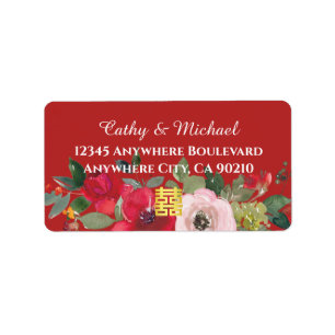 Red pink floral Chinese wedding return address Label
