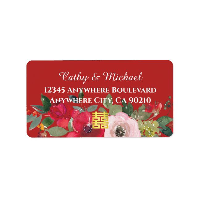 Red pink floral Chinese wedding return address Label (Front)
