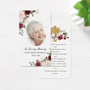 Red Pink Floral Cross Photo Funeral Prayer Card
