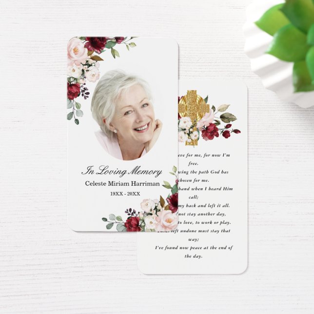 Red Pink Floral Cross Photo Funeral Prayer Card (Desk)