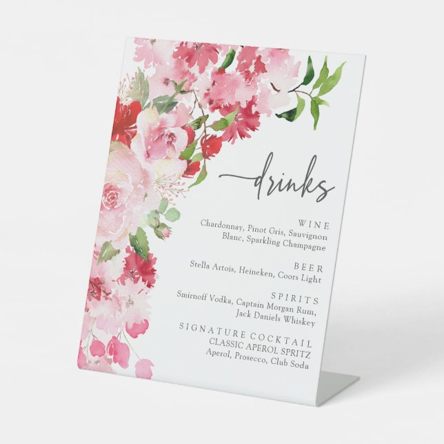 Red Pink Floral Drinks List Sign (Front)