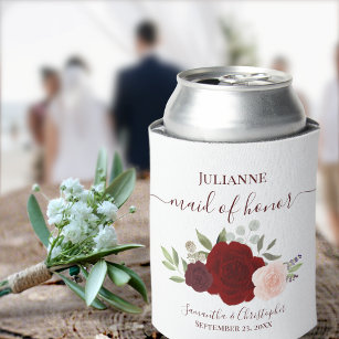 Red & Pink Floral Elegant Maid of Honour Wedding Can Cooler