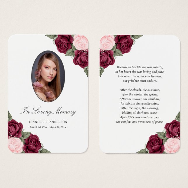 Red Pink Floral Funeral Prayer Card (Front & Back)