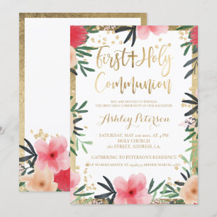 Red Pink floral gold border First Holy Communion Invitation