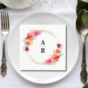Red Pink Floral Gold Geometric Frame Wedding Napkin