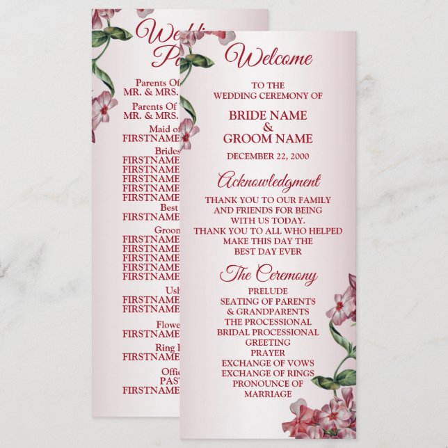 Red Pink Floral Green Leaves Modern Wedding Programme (Front/Back)