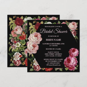 Red Pink Floral Greenery Black Bridal Shower Party Invitation