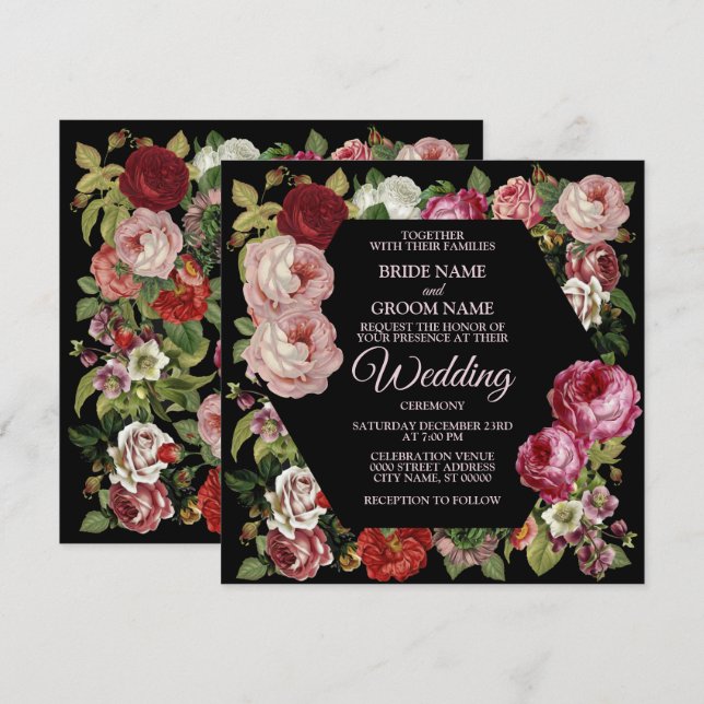 Red Pink Floral Greenery Rustic Black Wedding Invitation (Front/Back)