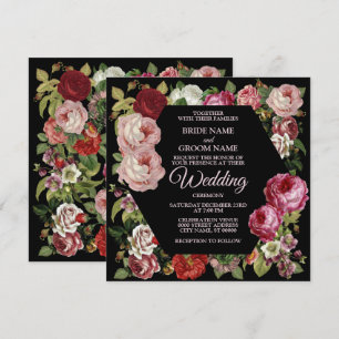 Red Pink Floral Greenery Rustic Black Wedding Invitation