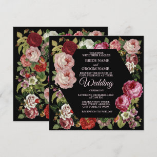 Red Pink Floral Greenery Rustic Black Wedding Invitation