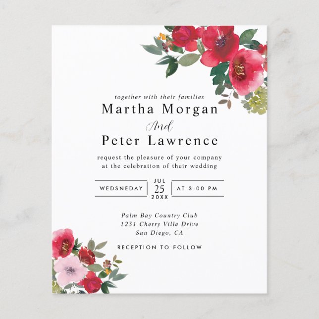 Red & pink floral Greenery Wedding Invitation (Front)