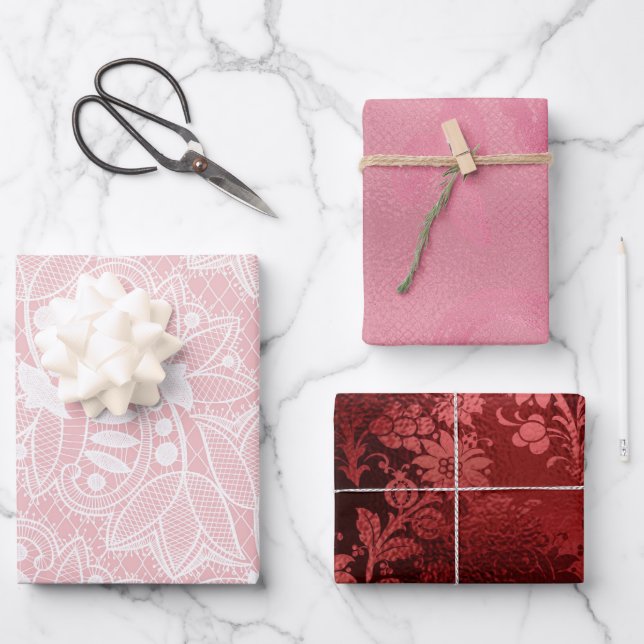 Red Pink Floral Lace Wrapping Paper Sheet (Front)
