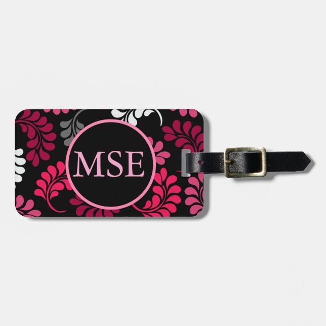 Red Pink Floral Monogram Luggage Tag (Front Horizontal)
