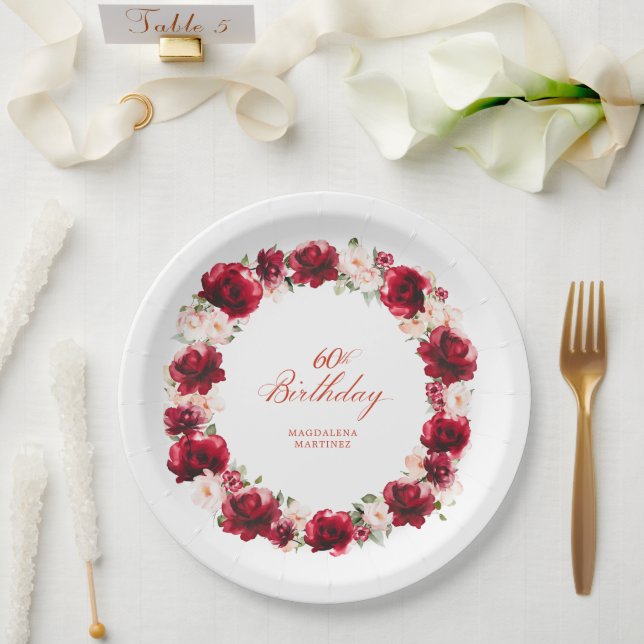 Red Pink Floral Personalised 60th Birthday Party Paper Plate (Wedding)