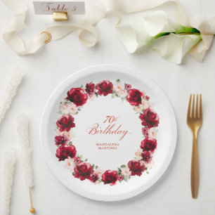 Red Pink Floral Personalised 70th Birthday Party Paper Plate