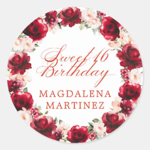 Red Pink Floral Personalised Sweet 16  Birthday Classic Round Sticker
