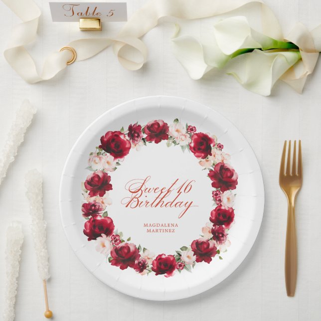 Red Pink Floral Personalised Sweet 16  Birthday Paper Plate (Wedding)