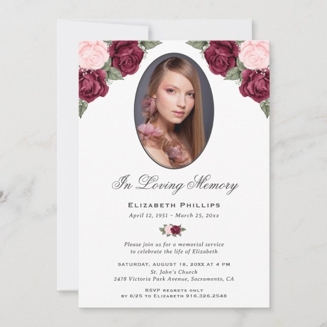 Red Pink Floral Photo Funeral In Loving Memory Invitation (Front)