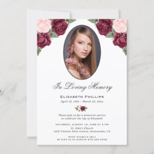 Red Pink Floral Photo Funeral In Loving Memory Invitation