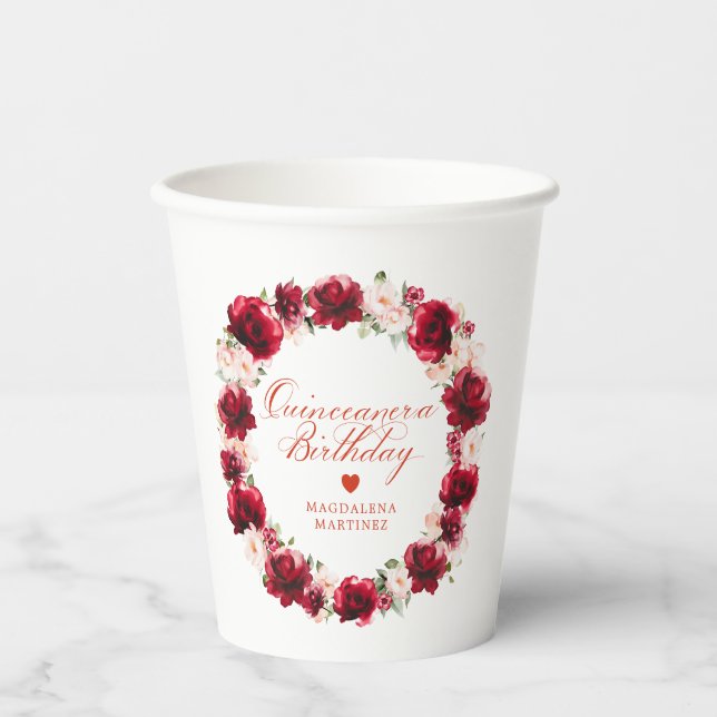 Red Pink Floral Quinceanera Personalised Paper Cups (Front)