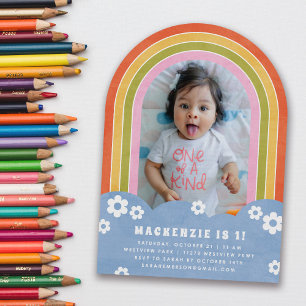 Red Pink Floral Rainbow Kid's Birthday Invitation