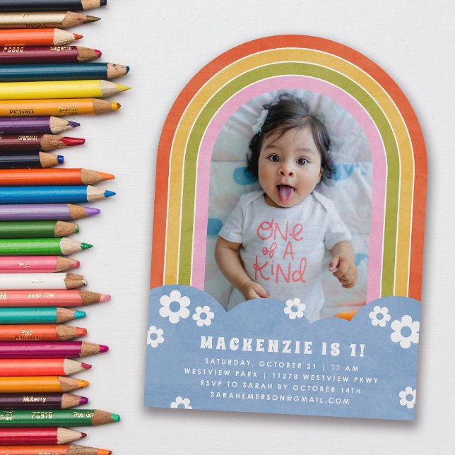 Red Pink Floral Rainbow Kid's Birthday Invitation (Creator Uploaded)