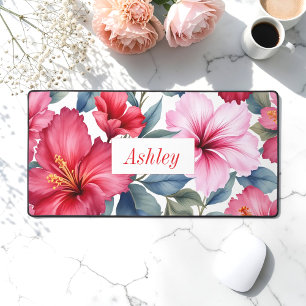 Red Pink Floral Watercolor Desk Mat