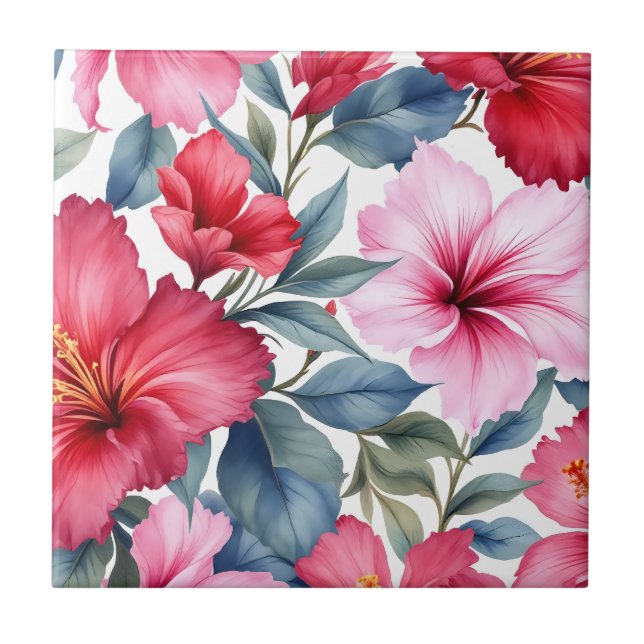 Red Pink Floral Watercolor Elegant Tile (Front)