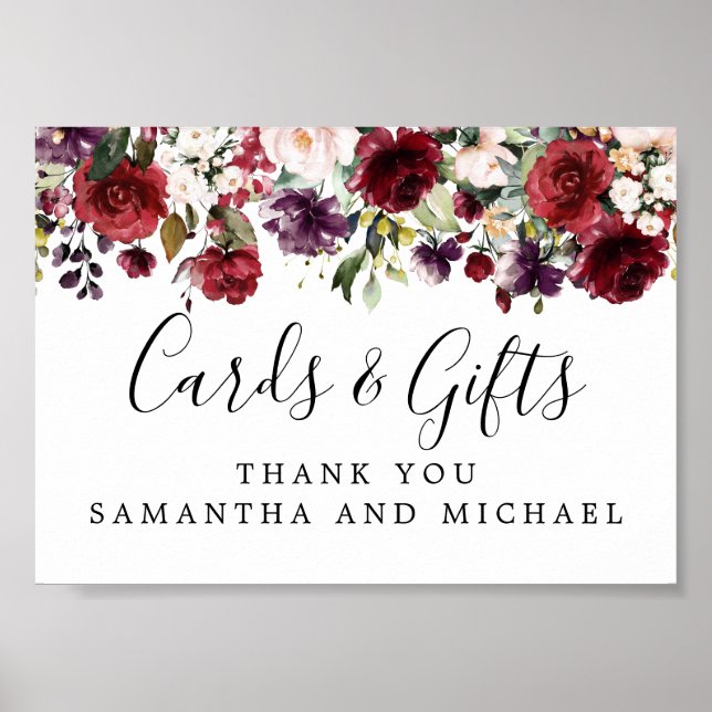 Red Pink Floral Wedding Cards and Gifts Sign (Front)