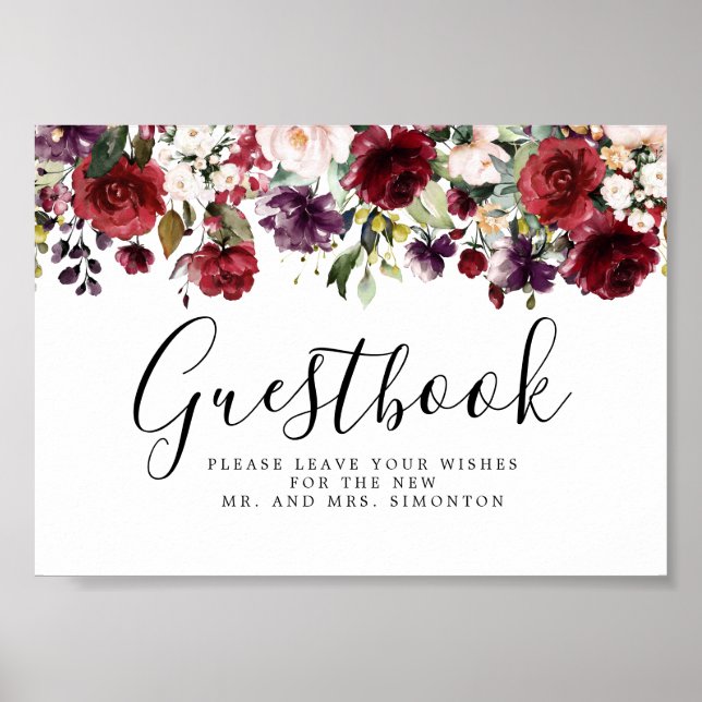 Red Pink Floral Wedding Guestbook Sign (Front)