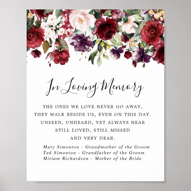 Red Pink Floral Wedding Memorial Sign (Front)